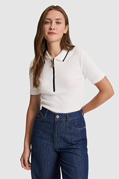 U.S. Polo Assn. Women's Cream Polo Collar Zipper Detailed T-Shirt 50324921-Vr256