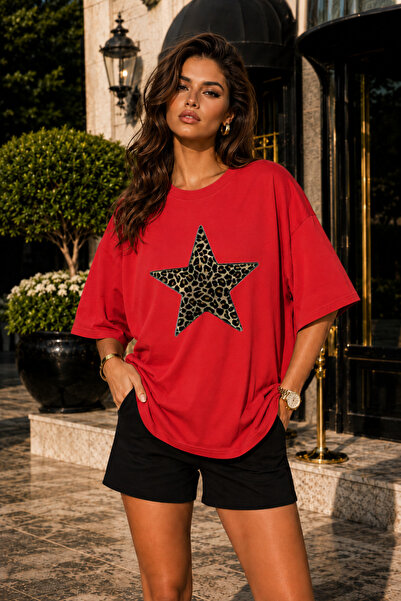 FECCY Premium Leopard Star Printed Oversize Women's T-Shirt Cotton Oversize T...