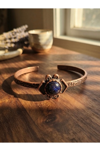 Meneva Aksesuar Navy Blue Star Natural Stone Embellished Adjustable Copper Br...