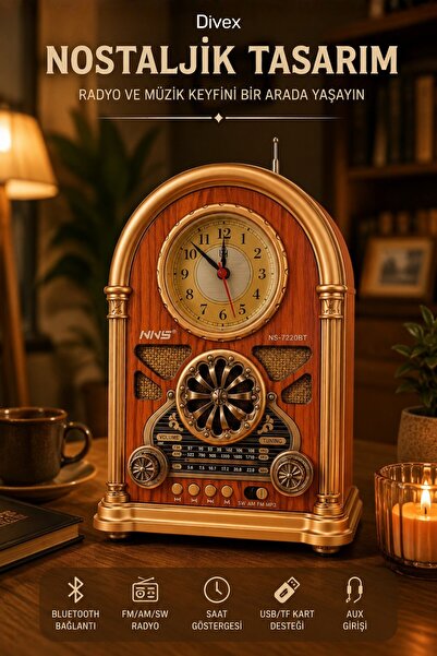 Divex Retro Nostaljik Ahşap Bluetooth Radyo ve Hoparlör Saatli FM/AM/SW USB T...