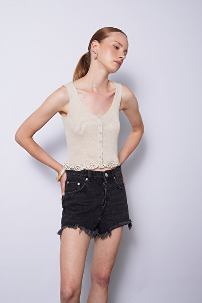 Nisan Lace-Detail Buttoned Knitwear Top Beige
