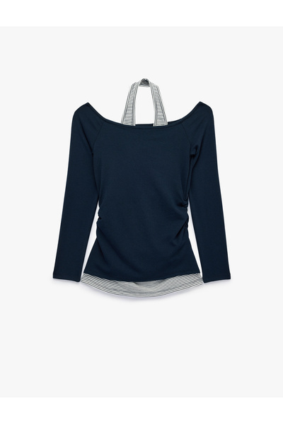 Koton Slim Fit Viskon Karışımlı Halter Yaka Uzun Kollu İkili Tişört