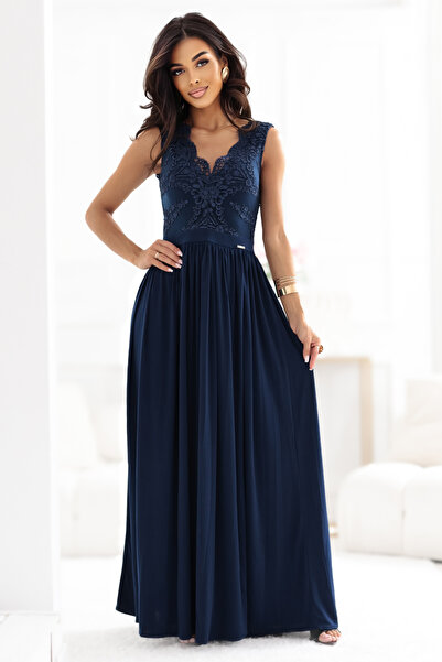 Numoco Rochie maxi lungă și elegantă cu top din dantelă și crăpătură pe picio...