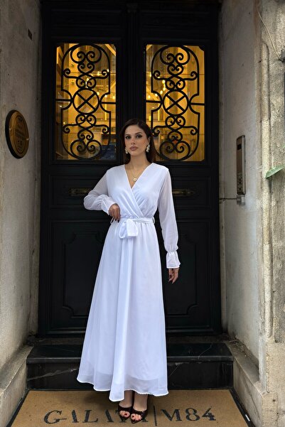 MyLoore Women's White Belted Double Breasted Collar Maxi Chiffon Dress Mlb210