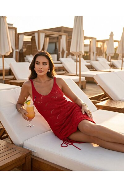 Trend Kapında Asymmetrical Cut Side Gathered Detailed Knitwear Beach Dress, P...