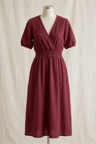 clavia Muslin Double-Breasted Collar Elastic Waist Midi Length Summer Women's...