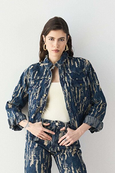 Denim Date Jakarlı Tintli Indigo Denim Kadın Kot Ceket