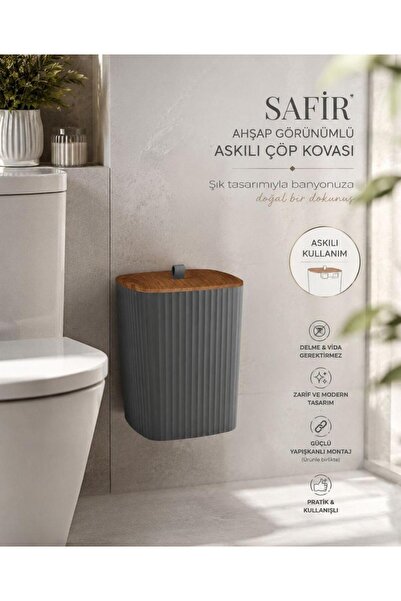 Okyanus Home Safir Yapışkanlı Asılabilir Çöp Kovası Ahşap Detaylı Antrasit