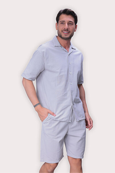 MYRAB DENİM Men's Stone Linen Shirt and Shorts Set – Oversize Comfortable Fit...