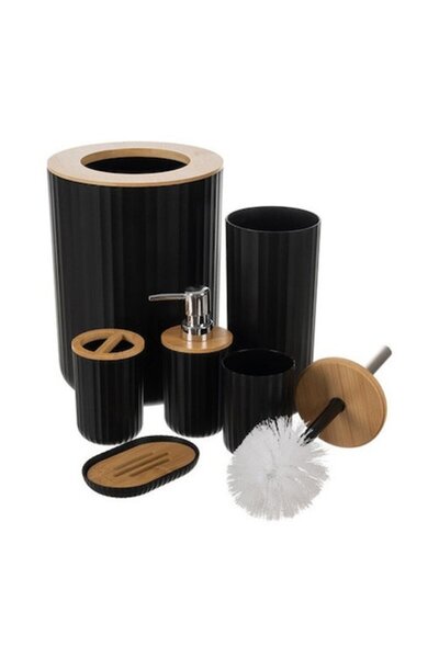 Ruhhy 6-piece bathroom accessories set, black with bamboo – soap dispenser, t...