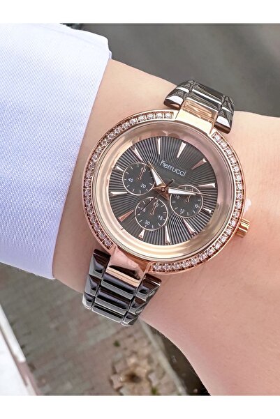 Ferrucci Women's Rose Gold Black Metal Cord Stone Wristwatch 2 Years Warranty