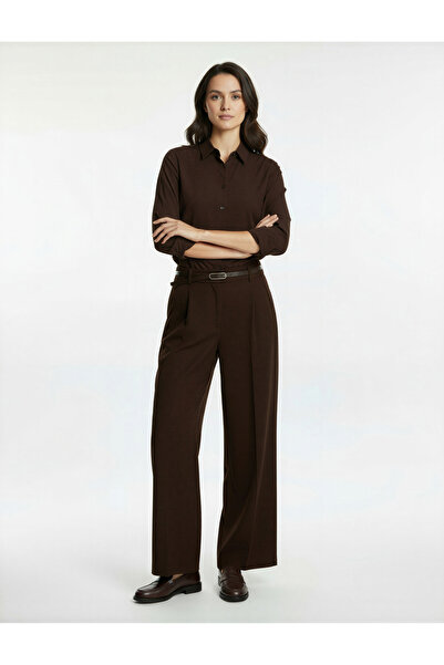 Koton Pocketed, Pleated Detailed, Straight Wide-Leg, Belted Fabric Trousers