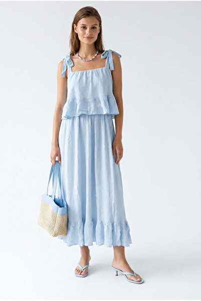 Mixray 2145 Women's Tie Strap Square Neck Flounce Long Dress Baby Blue