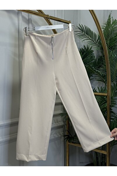 ALANURMODA 26086 Front Zippered Wide Leg Trousers Beige