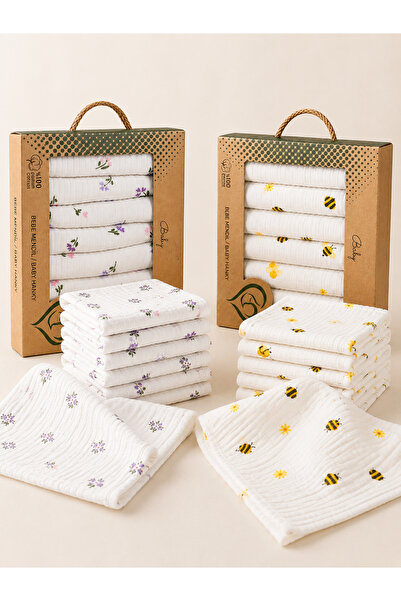 Lilliy %100 Pamuk Müslin Bebek Ağız Mendili 14'lü Set (7 Çiçek + 7 Arı Desenl...
