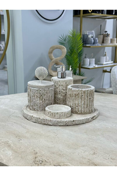 veloraliving Decorative Natural Polished Travertine Marble 5 Piece Silver Sea...