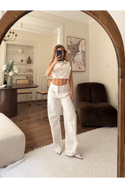 SOLİS MODA Women's White Two-Piece Suit with Wide Legs