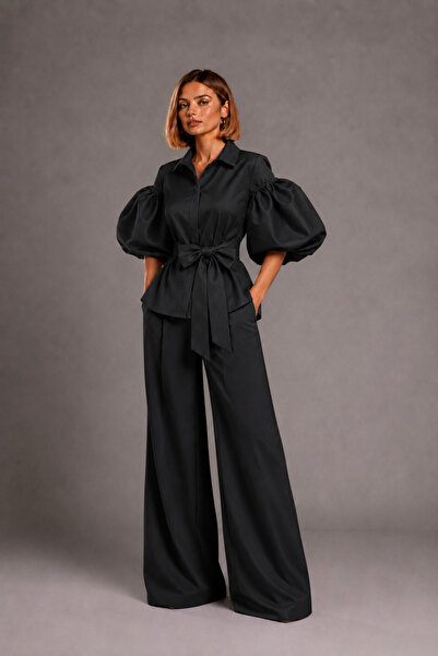 UNTIMELY Black Shirt with Balloon Sleeves and Belt