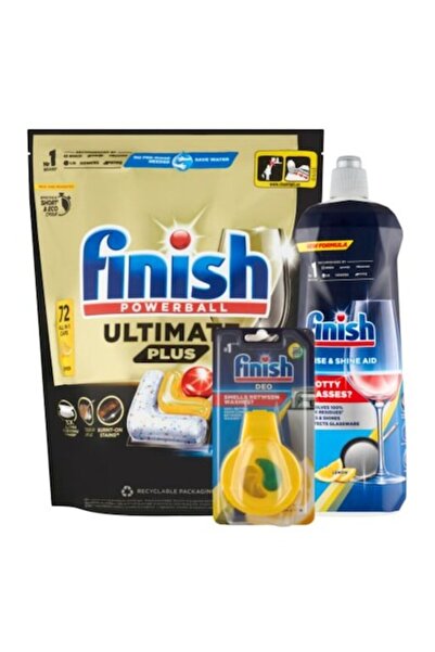Finish Set Ultimate Plus, 72 capsule cu lămâie, Soluție de clătire 800 ml și ...