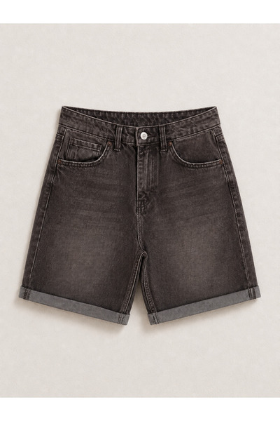 SHUR BOUTİQUE Tint Yıkamalı Yüksek Bel Duble Paça Jean Short-Acı Kahve