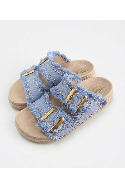 TRENDX Bellamor Women's Jean Denim Detailed Buckle and Stone Casual Slippers Comfortable Anatomical Stylish Summer Slippers