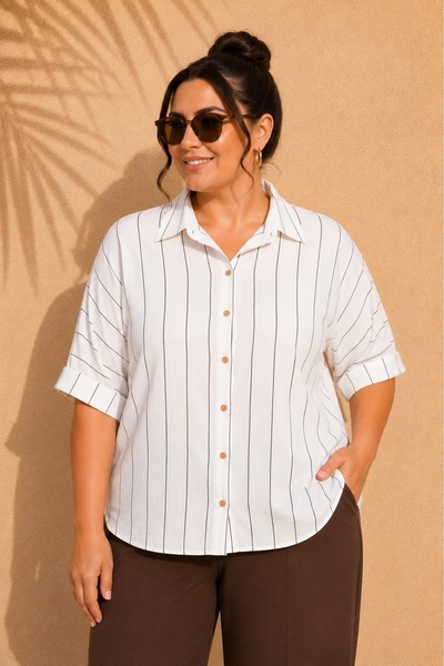 FOR ESRA BIG TREND Women's Plus Size White Coffee Striped Low Short Sleeve Ov...