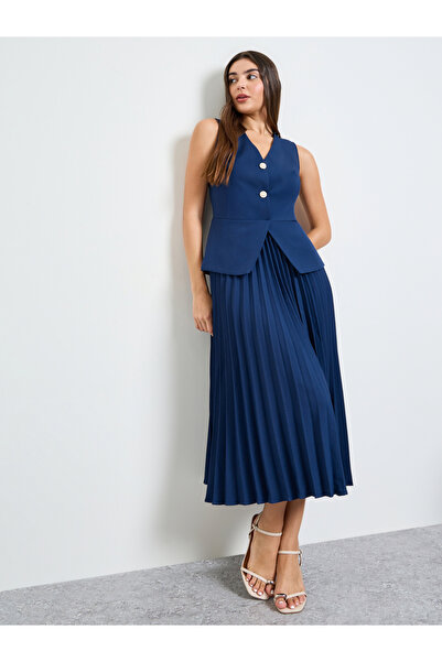 Styli Navy Blue Pleated Blazer Midi Dress
