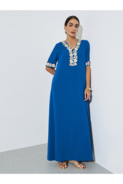 Amirah By Styli Blue Floral Lace Trim V Neck Jalabiya