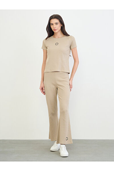 Styli Beige Ribbed Flared Leggings