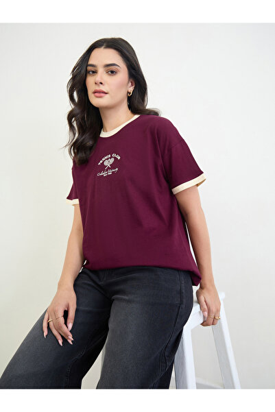 Styli Burgundy Cotton Embroidery T-Shirt with Contrast Trim
