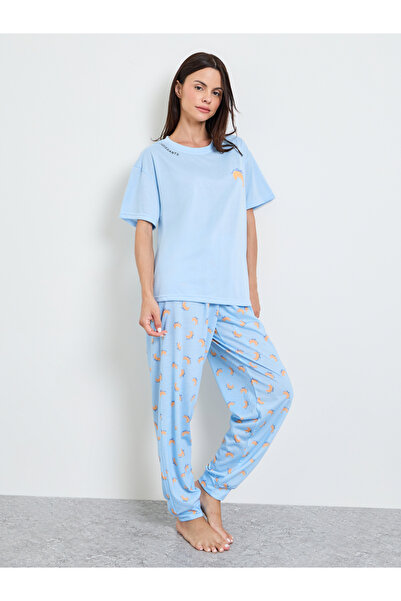 Styli Blue Croissant Bow Graphic T-Shirt and Cuffed Pyjama Set