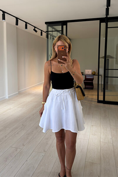 Sezgi Tekin Asymmetrical Cut Ecru Muslin Short Skirt with Flounces