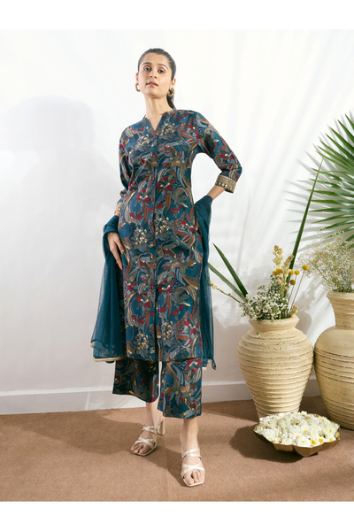 Silver Lime By Styli Blue Printed Button-Down Kurta, Straight Pants and Dupat...