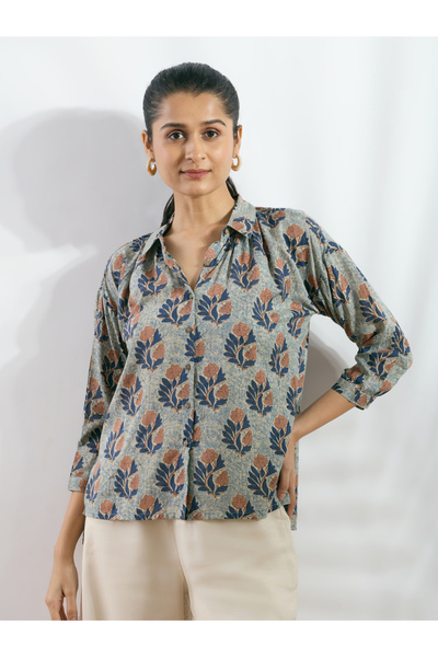 Silver Lime By Styli Blue Modal Printed Boxy Fit Shirt
