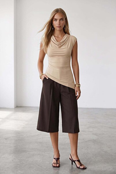 Trend Alaçatı Stili Women's Beige Degaje Collar Lycra Asymmetrical Cut Viscos...