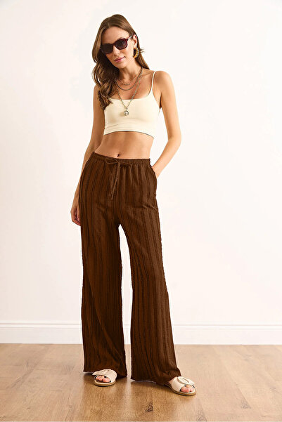 Olalook Women's Brown Textured Draped Trousers with Elastic Waist and Pockets...
