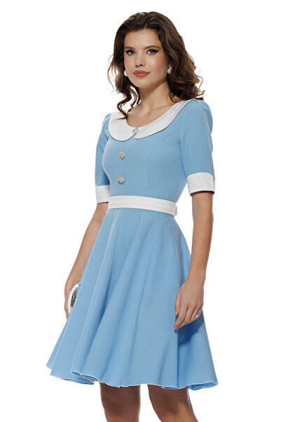 Fofy Rochie baby blue si dungulite fine cu guler retro la contrast si cordon