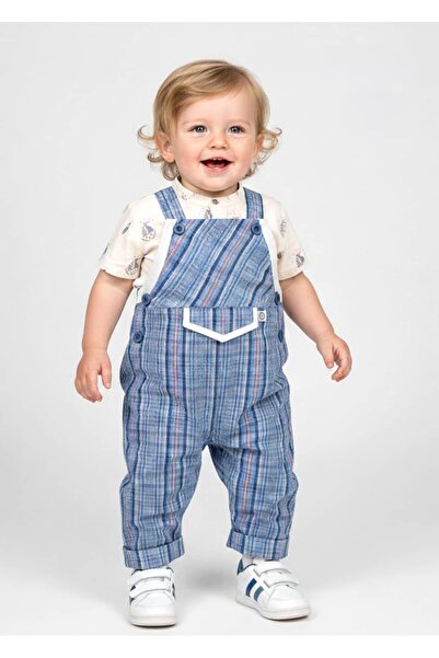 Ozmoz By Mukadder Özden 100% Cotton Blue Plaid Strappy Summer Baby Boy Jumpsuit