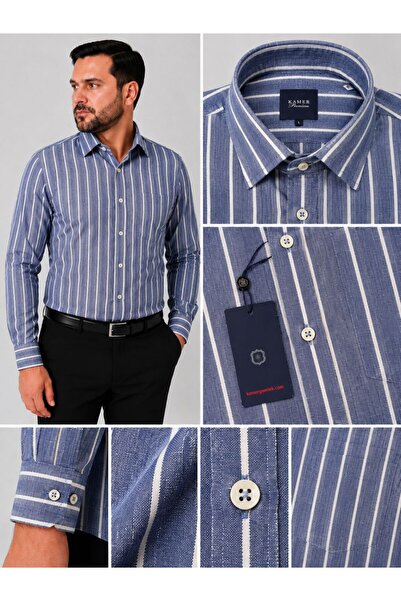 KAMER 3788 PREMİUM ERKEK REGULAR GRİ ÇİZGİLİ UZUN KOL KLASİK GÖMLEK