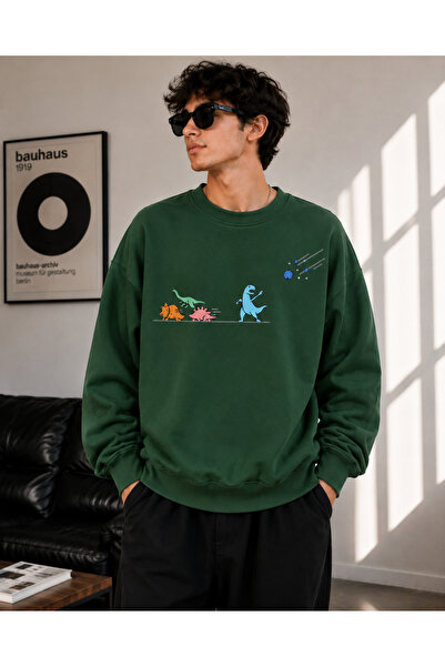 caddekombin Unisex Dinosaur Printed Crew Neck Sweatshirt