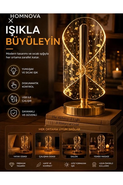 Genel Markalar LED Gece Lambası 3D Altın tabanlı dokunmatik kontrollü şarjlı ...
