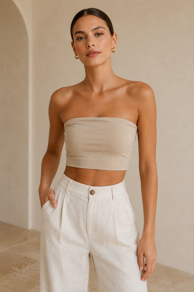 QUHOX Women's Strapless Crop Bustier Beige