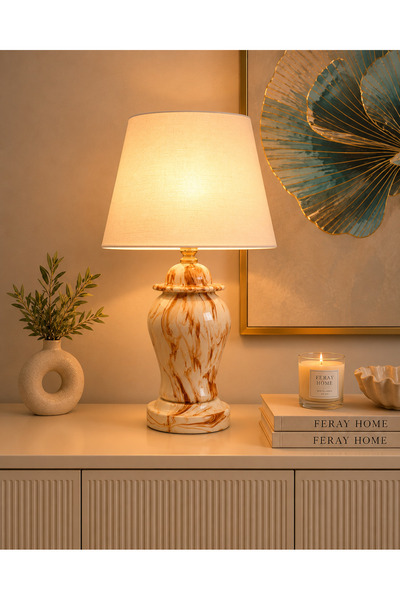 daiza home Abajur Aydınlatma Seramik Şah Küp Kapaklı Kahverengi Marble Beyaz ...