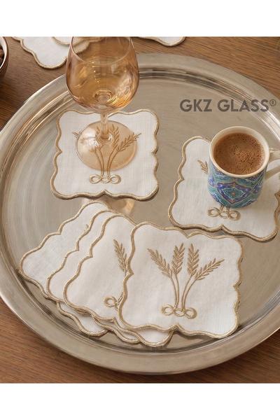 gkzglass home dekor 6 Adet Keten Kumaş Üzeri Nakışlı Kahve Yanı Kokteyl Peçet...
