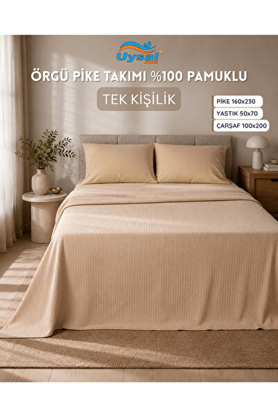 UYSAL ÖRGÜ PİKE TAKIMI %100 PAMUKLU BEJ TEK