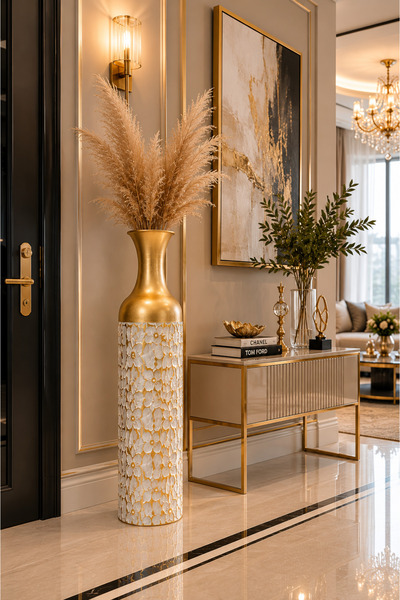 MİS KİTCHEN Floransa Gold Dekoratif Metal Yer Vazosu 84 cm – Beyaz Çiçek Dese...