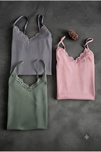 Demirsa Boutique Lace Rope Strap Ribbed Women's Undershirt 3-Piece Set Pink, ...