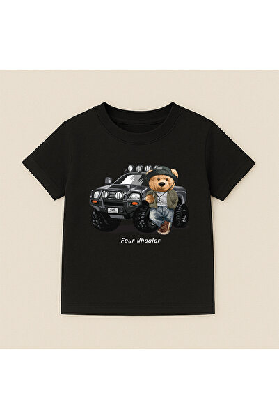 SVART WEAR تي شيرت قطني بأكمام قصيرة وياقة دائرية مطبوع عليه دب للأطفال والمر...