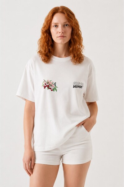 CrepTekstil Crep Women's Flower Delivery Front and Back Printed Oversize T-Sh...