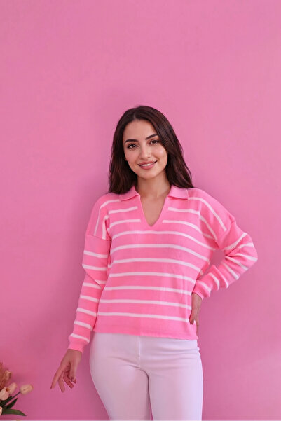 VARENZEA Women's Pink Striped Polo Collar Soft Textured Knitwear Sweater Wint...